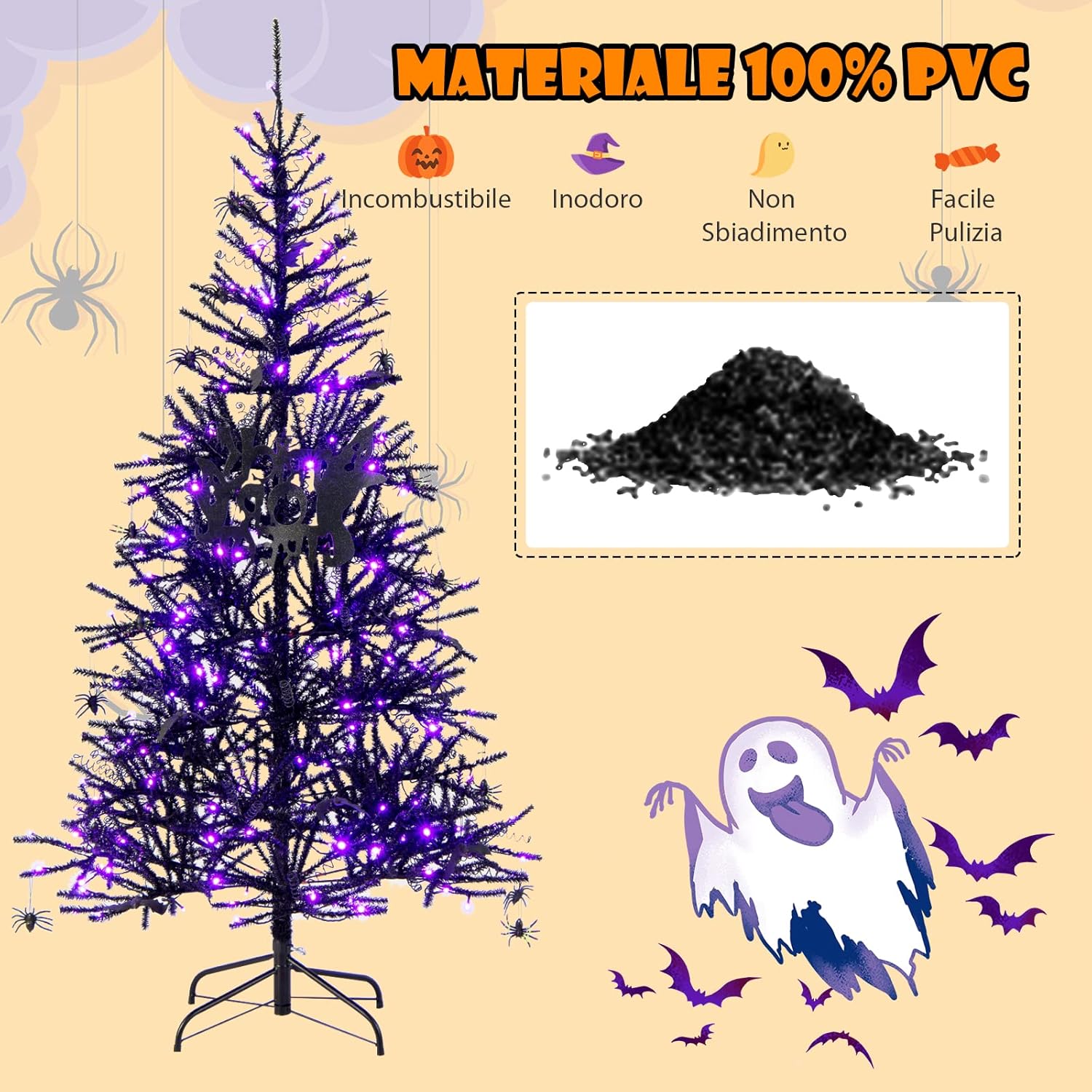 Albero di Natale Nero 183 cm, Albero di Natale Halloween con 791 Punte di Rami in PVC, 250 Luci LED e Ornamenti, Albero di Natale Artificiale con Luci per Casa, Ufficio e Scuola