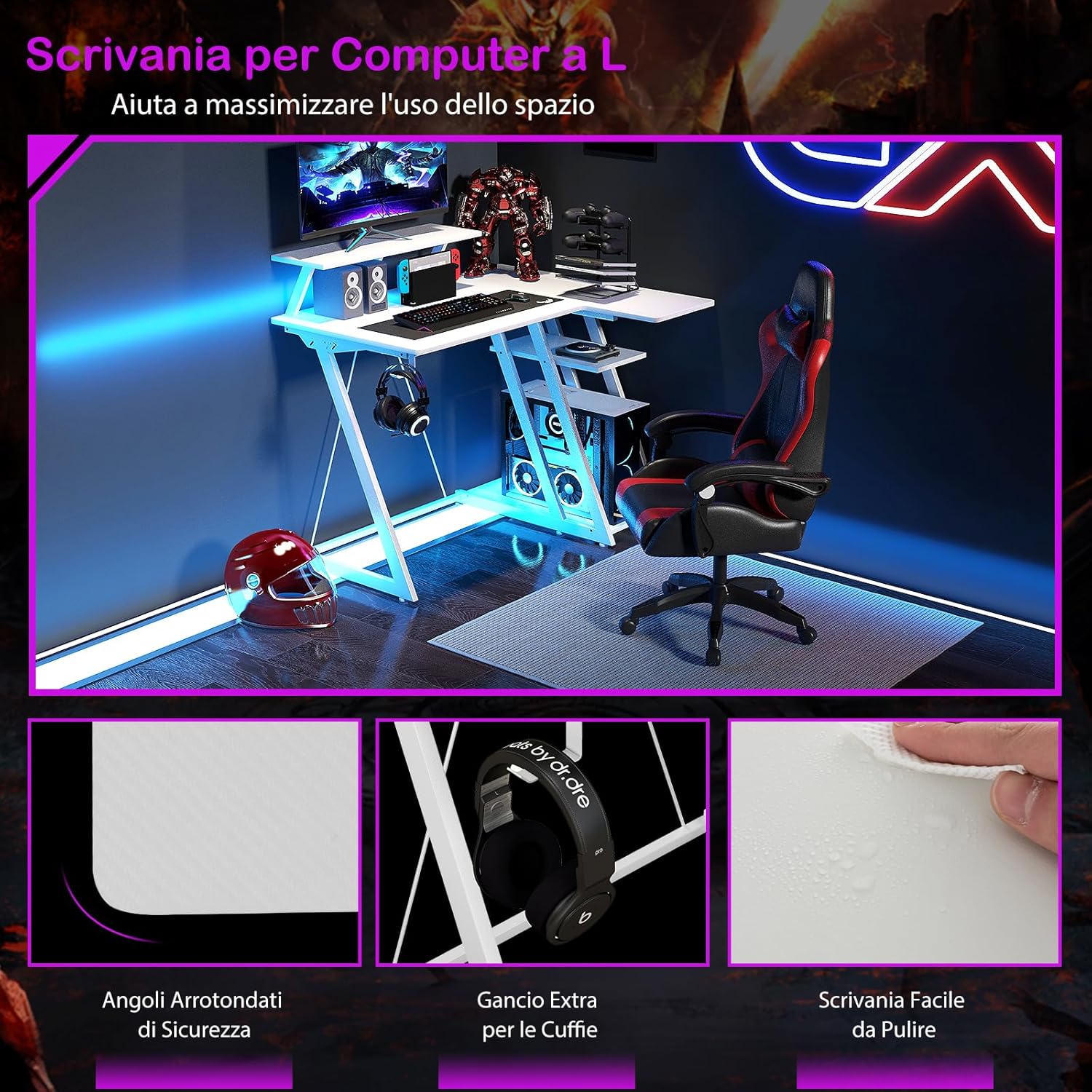 Scrivania Angolare Salvaspazio, Scrivania da Gaming con Prese, Porte USB, Ripiano per Monitor, Gancio per Cuffie, Ripiano e Supporto per CPU, Scrivania ad Angolo per Casa e Ufficio (Bianco)