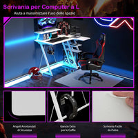 Scrivania Angolare Salvaspazio, Scrivania da Gaming con Prese, Porte USB, Ripiano per Monitor, Gancio per Cuffie, Ripiano e Supporto per CPU, Scrivania ad Angolo per Casa e Ufficio (Bianco)