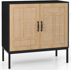 Credenza da Cucina, Armadio con 2 Ante Intrecciate in Rattan, Ripiano Regolabile a 3 Posizioni, Armadietto Boho per Cucina, Sala da Pranzo, Soggiorno e Corridoio, 80 x 38 x 81 cm (Nero)