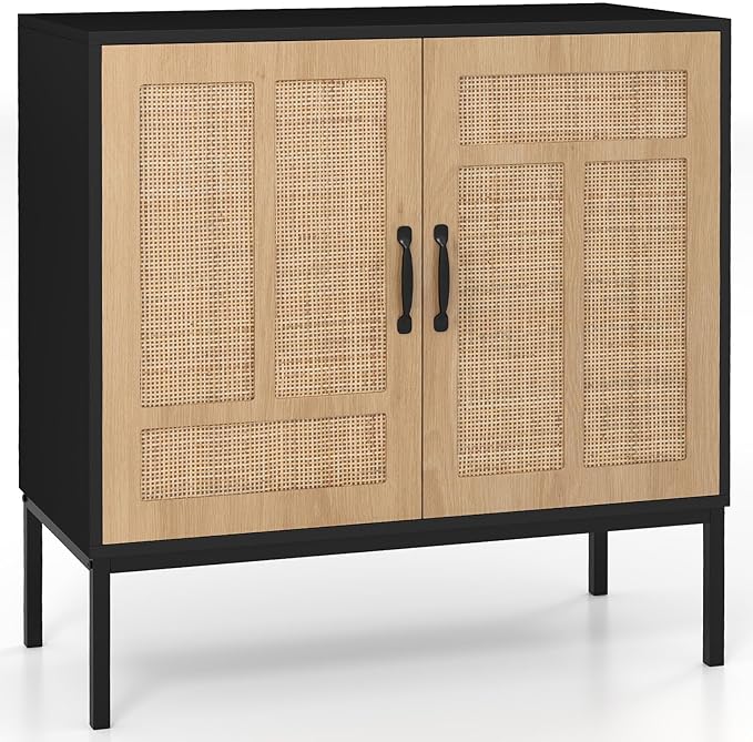 Credenza da Cucina, Armadio con 2 Ante Intrecciate in Rattan, Ripiano Regolabile a 3 Posizioni, Armadietto Boho per Cucina, Sala da Pranzo, Soggiorno e Corridoio, 80 x 38 x 81 cm (Nero)