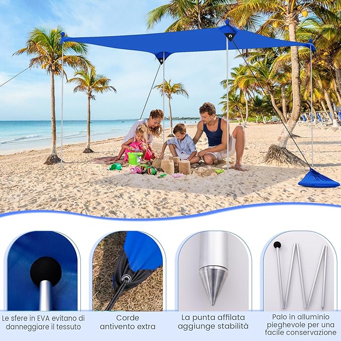 Tenda da Spiaggia Portatile, Tenda Protezione dai Raggi UV, con 4 Sacchetti di Sabbia, Borsa per il Trasporto, Parasole per 4-8 Persone, 300 x 300 x 200 cm (Blu)