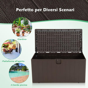 Baule da Giardino 400L, Panca Contenitore in Plastica con Coperchio e Maniglia, per Interni e Esterni, 127,5 x 64 x 64cm (Modello 2)