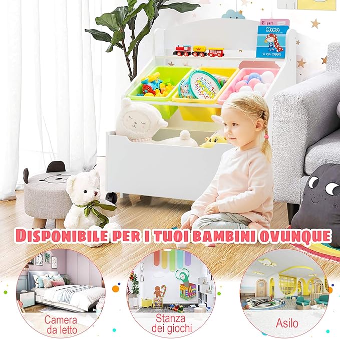 Scaffale Libreria per Bambini, Mobile Portalibri con Contenitori e Cassetti, 76 x 38 x 63,5 cm (Bianco)