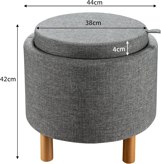 Pouf Rotondo con Contenitore e Vassoio, Poggiapiedi Imbottito con Base in Legno e Piedini Antiscivolo, Tavolino da Caffè per Soggiorno, Camera da Letto (Grigio)