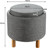 Pouf Rotondo con Contenitore e Vassoio, Poggiapiedi Imbottito con Base in Legno e Piedini Antiscivolo, Tavolino da Caffè per Soggiorno, Camera da Letto (Grigio)
