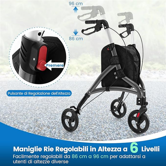 Deambulatore per Anziani in Alluminio Ultraleggero a 3 Ruote, Rollator per Anziani Pieghevole e Regolabile in 6 Livelli 86-96 cm con Borsa e Ruote Bloccabili, Portata 136 kg (Grigio)