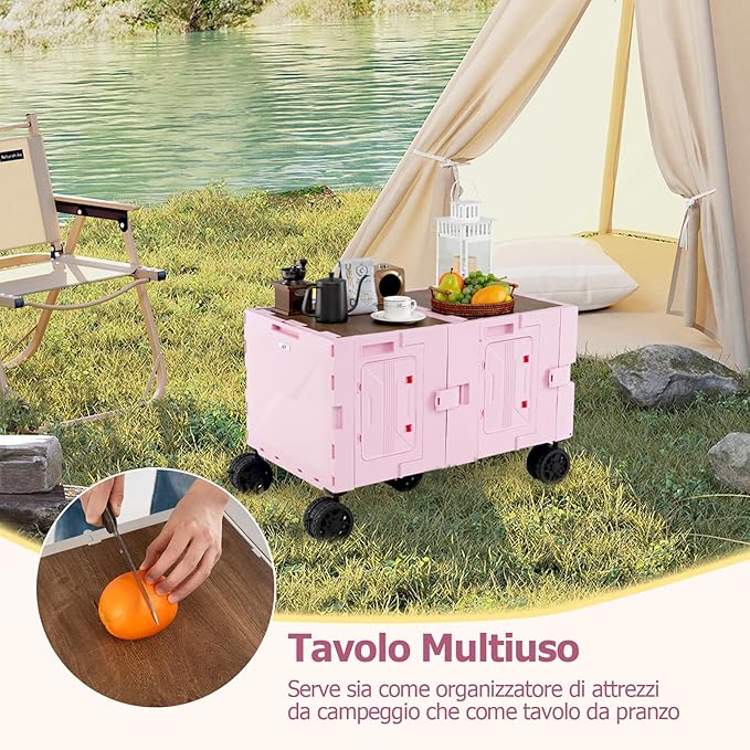 Carrello da Spiaggia Pieghevole 150 L, Carrello con Ruote Portatutto con Armadio a 2 Livelli e Manico Telescopico in Metallo, Carretto Giardino Portatile per Campeggio, Portata 120 kg (Rosa)