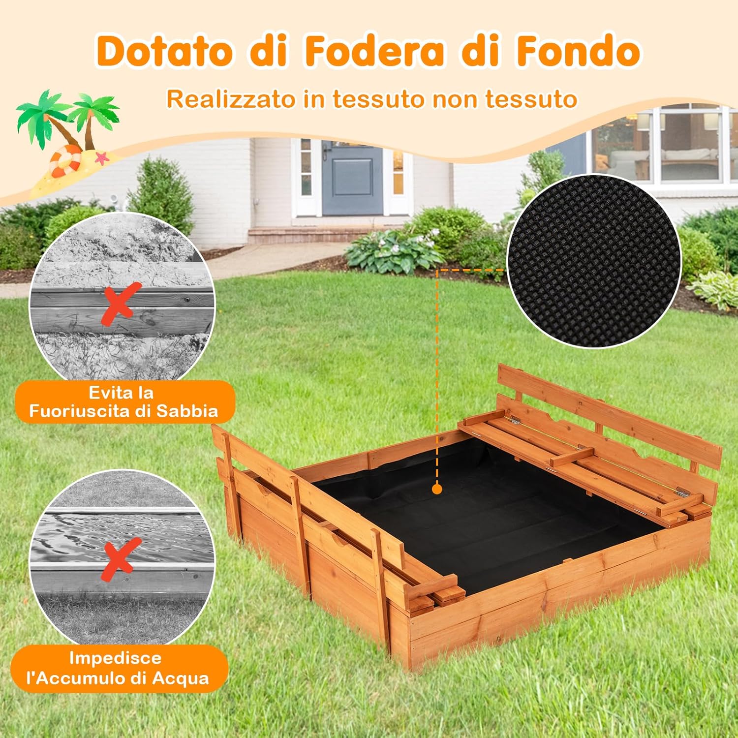Sabbiera per Bambini in Legno, Sabbiera da Esterno con Coperchio, 2 Panchine con 4 Sedili Larghi e Schienali, Sabbonaia per Giardino, Patio e Cortile, 125 x 118 x 42,5 cm
