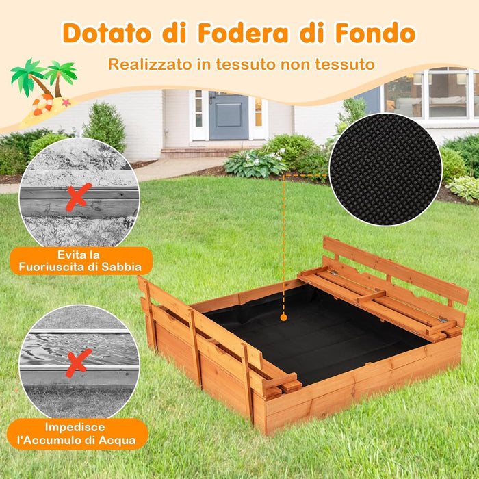 Sabbiera per Bambini in Legno, Sabbiera da Esterno con Coperchio, 2 Panchine con 4 Sedili Larghi e Schienali, Sabbonaia per Giardino, Patio e Cortile, 125 x 118 x 42,5 cm