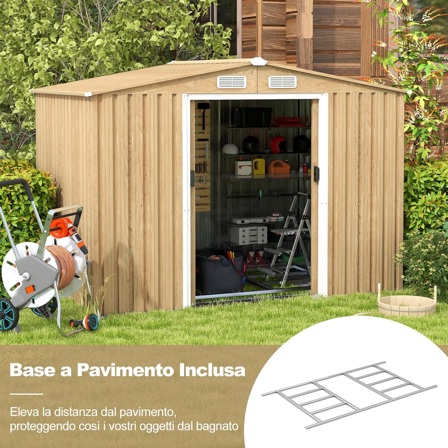 Casetta da Esterno, Capanno Porta Attrezzi con Porte Scorrevoli, Maniglie, Sfoghi e Tettoia, Casetta da Giardino in Lamiera di Acciaio e Lamiera Zincata (259 x 196 x 184 cm)