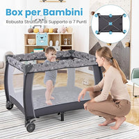 3-in-1 Lettino da Campeggio per Bambini, Lettino Portatile per Neonati con Fasciatoio, Culla Pieghevole con Materasso e Borsa da Trasporto, 2 Ruote Bloccabili, per Bambini 0-36 Mesi