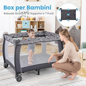 3-in-1 Lettino da Campeggio per Bambini, Lettino Portatile per Neonati con Fasciatoio, Culla Pieghevole con Materasso e Borsa da Trasporto, 2 Ruote Bloccabili, per Bambini 0-36 Mesi
