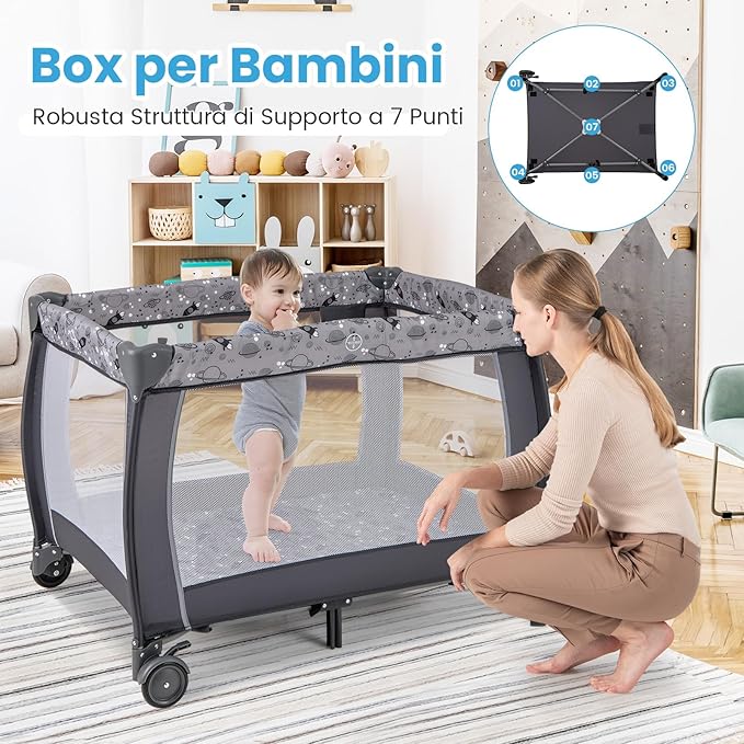 3-in-1 Lettino da Campeggio per Bambini, Lettino Portatile per Neonati con Fasciatoio, Culla Pieghevole con Materasso e Borsa da Trasporto, 2 Ruote Bloccabili, per Bambini 0-36 Mesi