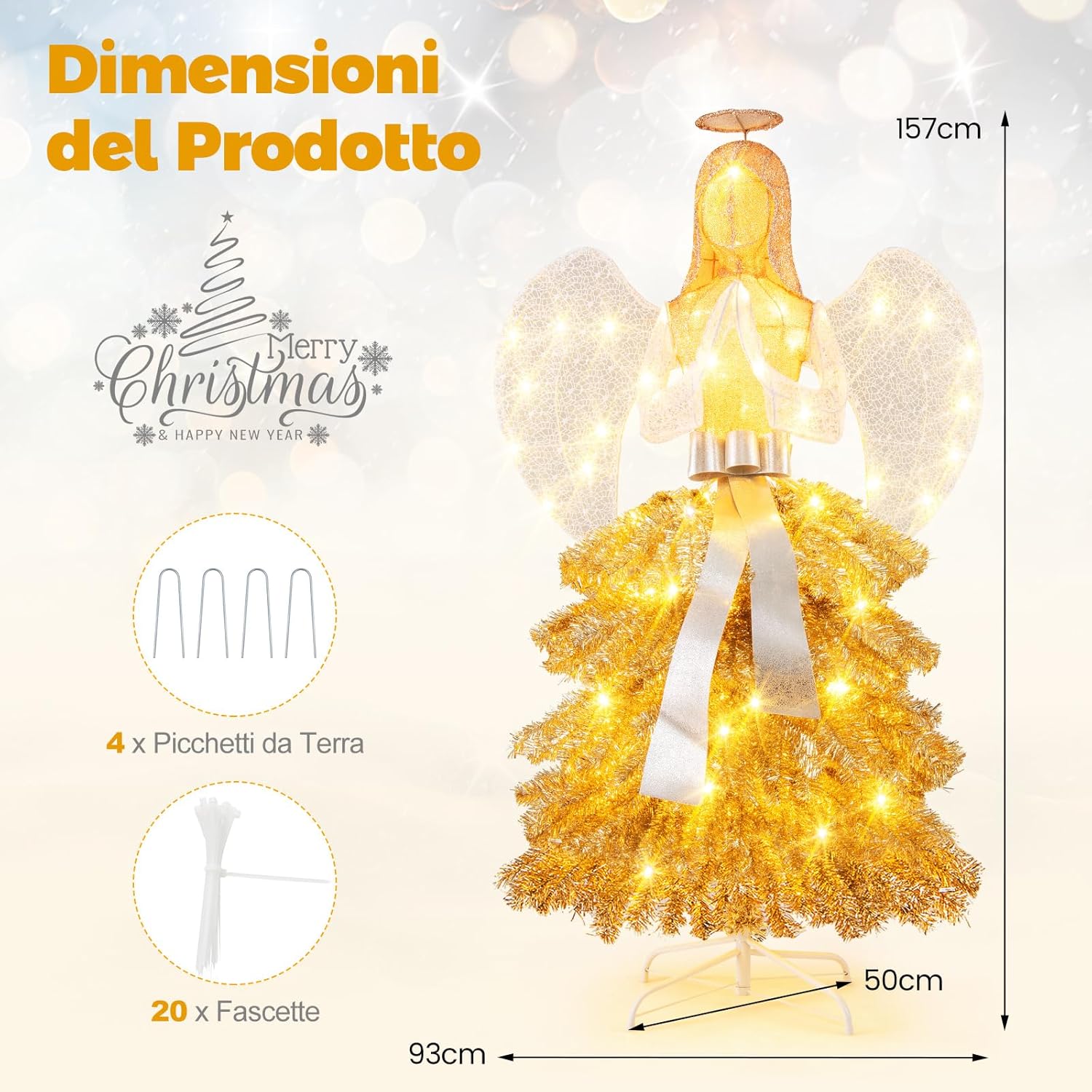 Angelo Natalizio Illuminato da Esterno 157 cm, Angelo 3D con 150 Luci Bianche Calde Pre-Illuminate, Decorazione Natalizia per Giardino, Cortile e Prato