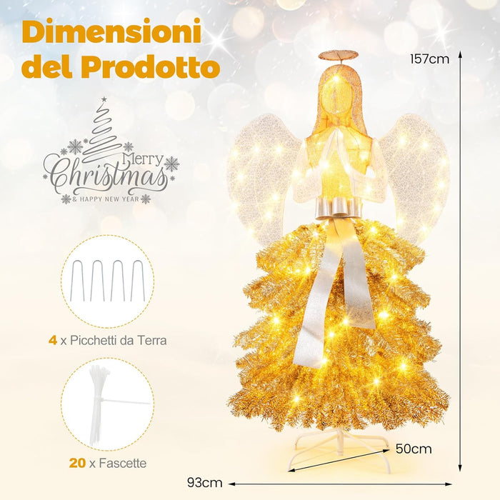 Angelo Natalizio Illuminato da Esterno 157 cm, Angelo 3D con 150 Luci Bianche Calde Pre-Illuminate, Decorazione Natalizia per Giardino, Cortile e Prato