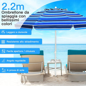 Ombrellone da Spiaggia 200 x 220 cm, Ombrellone da Mare con Inclinazione Regolabile, con Vassoio, 8 Stecche, Protezione UV, Impermeabile, Borsa di Trasporto (Blu Navy)