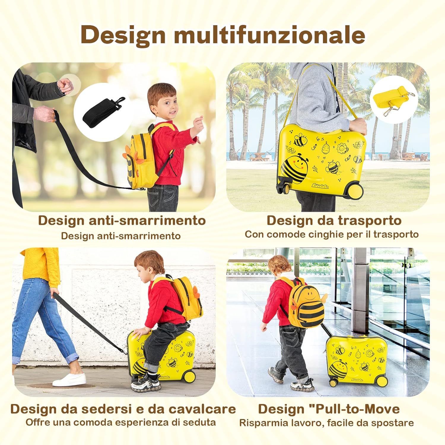 Valigia Cavalcabile per Bambini, 18" Valigia+ 12" Zaino,2 Pezzi, Trolley Bambini Bagaglio a Mano con Ruote Girevoli e Maniglia Retrattile, 2 Cingie Multiuso (Modello 1)