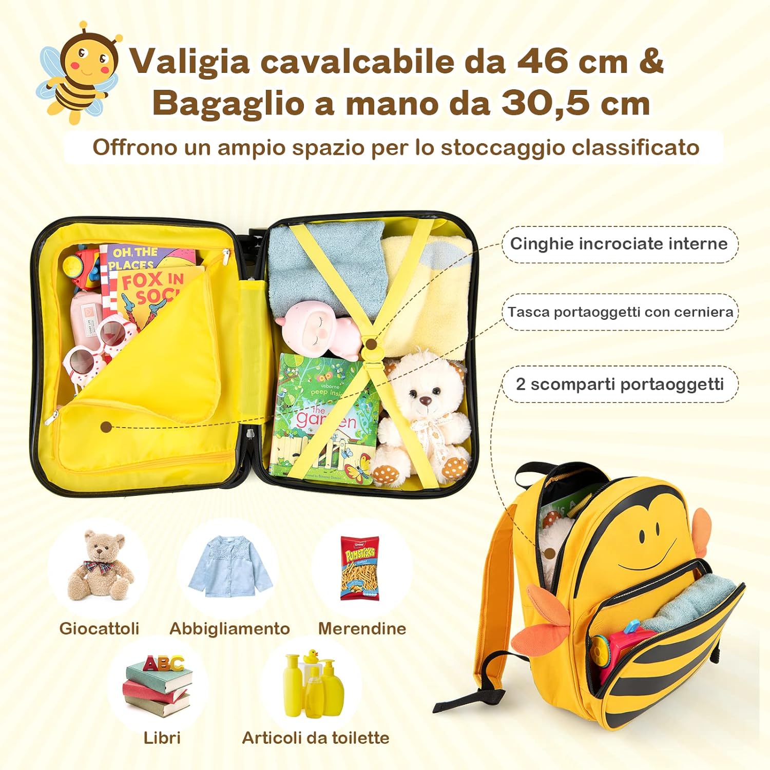 Valigia Cavalcabile per Bambini, 18" Valigia+ 12" Zaino,2 Pezzi, Trolley Bambini Bagaglio a Mano con Ruote Girevoli e Maniglia Retrattile, 2 Cingie Multiuso (Modello 1)