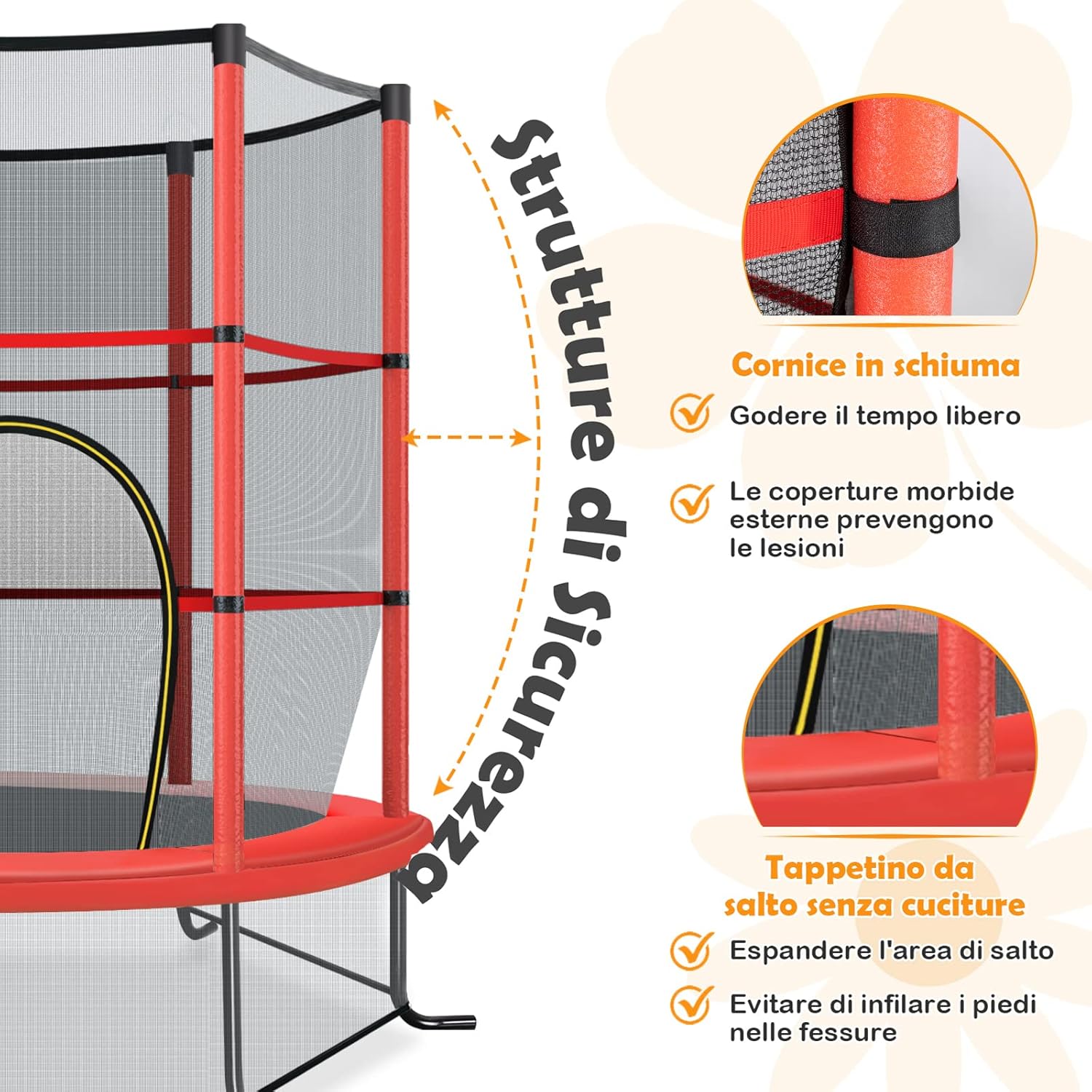 Trampolino Elastico Bambino in Acciaio, Tappeto Elastico Bambini da Esterno e da Interno, con Rete e Cusicnetti Antiscivolo（Rosso)