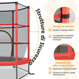 Trampolino Elastico Bambino in Acciaio, Tappeto Elastico Bambini da Esterno e da Interno, con Rete e Cusicnetti Antiscivolo（Rosso)