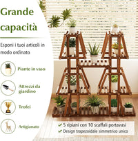 Scaffale per Piante in Legno, Porta Piante a 5 Ripiani con 10 Mensole per Piante in Vaso, Espositore per Piante da Interno ed Esterno per Soggiorno, Balcone, Patio e Portico