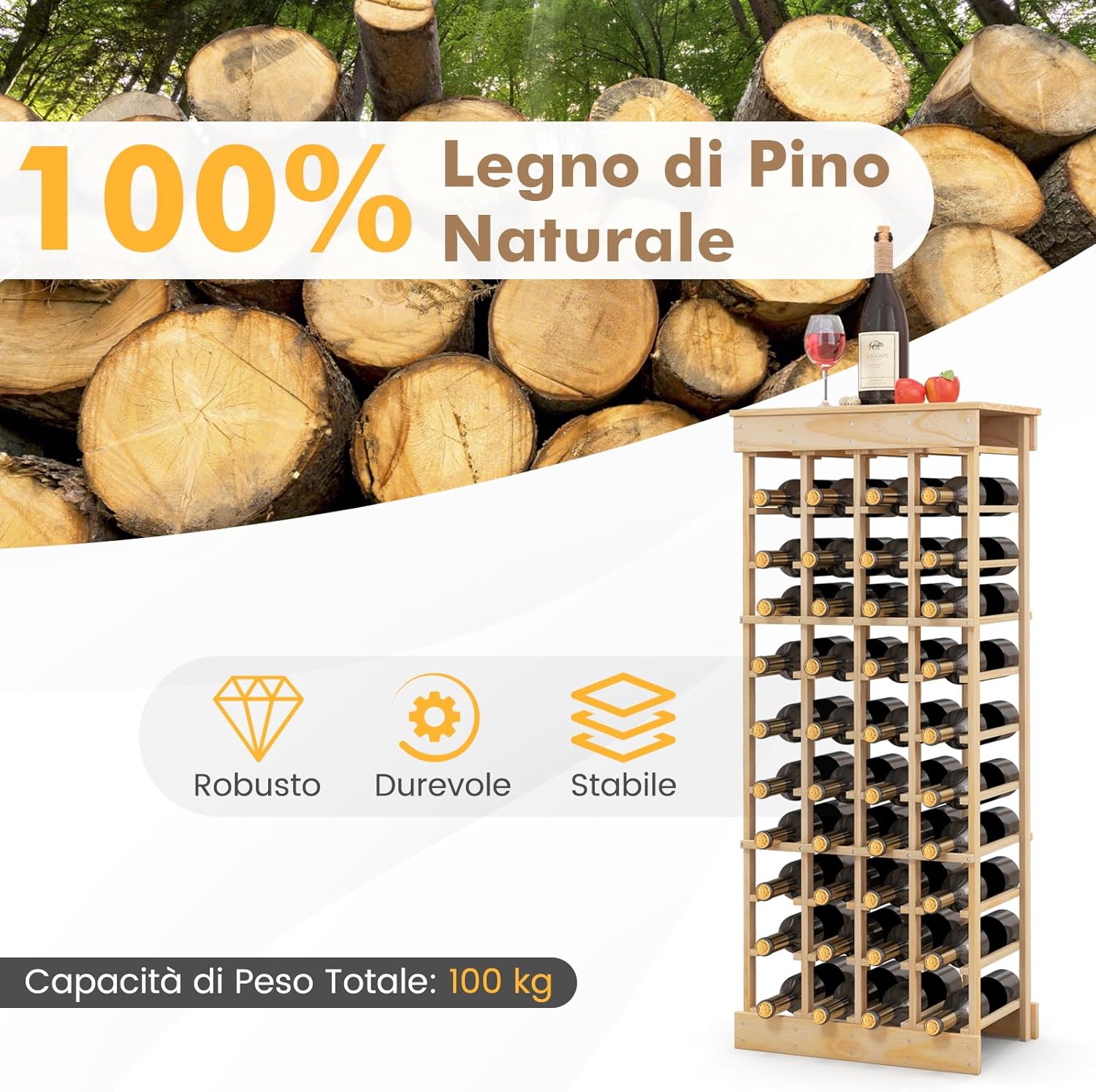 Portabottiglie di Vino, Scaffale per 40 Bottiglie di Vino in Legno di Pino, Cantinetta Porta Vino, 113 x 47 x 28 cm (Con Traversa)