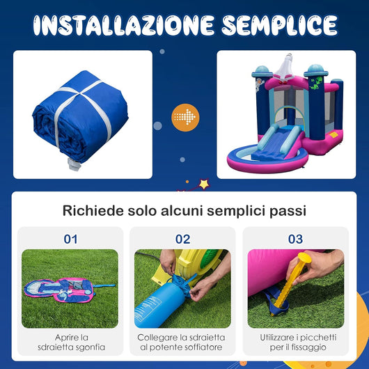 Castello Gonfiabile con Piscina, Casa Gonfiabile per Bambini con Borsa per il Trasporto e Paletti, Ideale per Interni ed Esterni per 3 Bambini di 3-10 Anni (Con soffiatore)