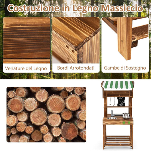 Cucina Giocattolo per Giardino a Doppia Faccia, Cucina per Bambini in Legno di Abete con Tettoia, Lavagna Scorrevole e Griglia Barbecue, Set da Cucina con 5 Accessori, 63 × 56 × 115 cm