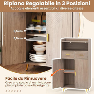 Mobiletto Bagno Salvaspazio 60 x 30 x 113 cm, Credenza Soggiorno con Ante, 2 Cassetti e Ripiano Regolabile, Armadietto da Cucina per Sala da Pranzo e Lavanderia (Grigio)