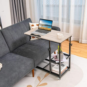 Tavolino Porta PC Regolabile in Altezza e Inclinazione, Tavolo Laterale per Letto e Divano con Ruote, Tavolino in Legno e Metallo per Salotto e Camera da letto, 80 x 40 x 64-95 cm (naturale)