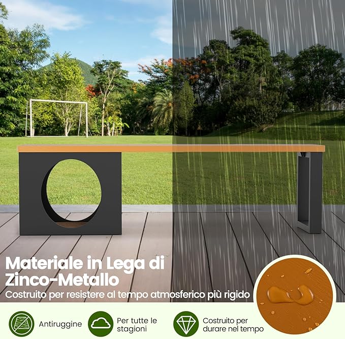 Panchina da Esterno in Metallo Lunga 150 CM con Cuccia per Gatti e Tappetino Tiragraffi, Seduta per 3 Persone, Portata 450 kg, Panchina Senza Schienale Resistente per Giardino