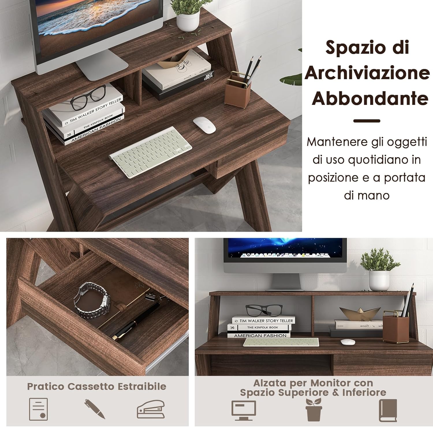 Scrivania per Computer in Legno, Scrivania con Cassetto, Portaoggetti e Supporto per Monitor, Poggiapiedi e Gambe a Forma di X, Ideale per Ufficio e Casa (Noce)