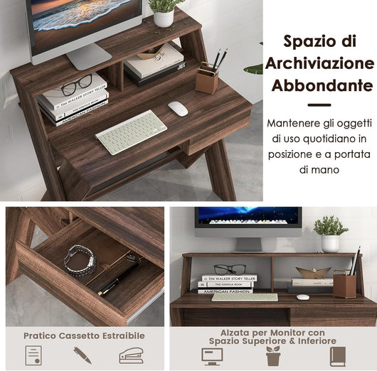 Scrivania per Computer in Legno, Scrivania con Cassetto, Portaoggetti e Supporto per Monitor, Poggiapiedi e Gambe a Forma di X, Ideale per Ufficio e Casa (Noce)