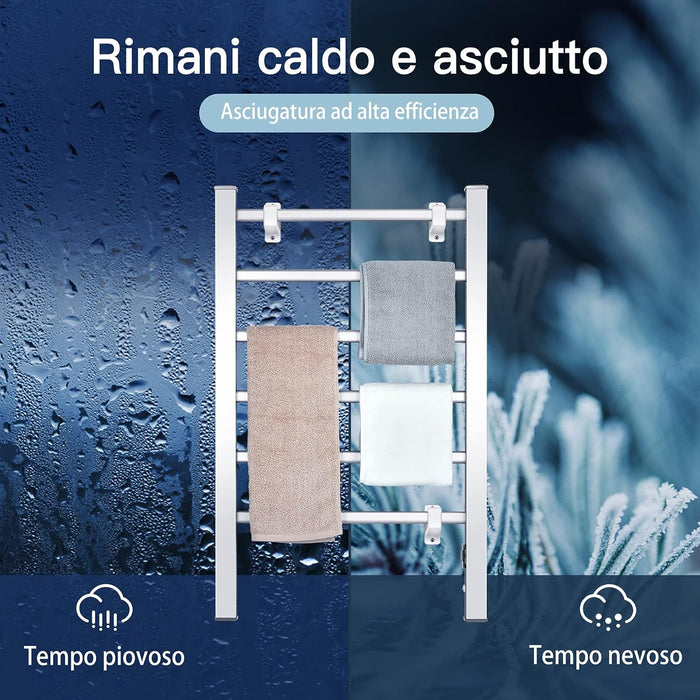 Portasciugamani Multifunzionale Elettrico 2 in 1, Portasciugamani Elettrico per Vestiti e Asciugamani 100 W, con 6 Sbarre, Struttura in Alluminio, Portasciugamani per Bagno, Argento