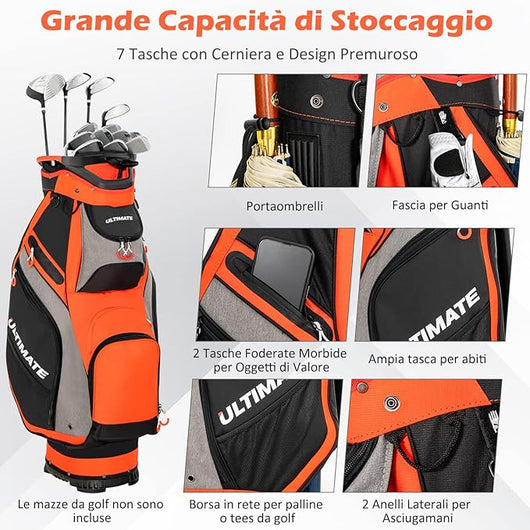 Borsa da Golf Portatile con 14 Divisori Superiori a Tutta Lunghezza, 7 Tasche con Cerniera, Cappuccio Antipioggia, Tracolla, Manico e Portaombrelli, Ideale per Uomini e Donne (Rosso e Grigio)