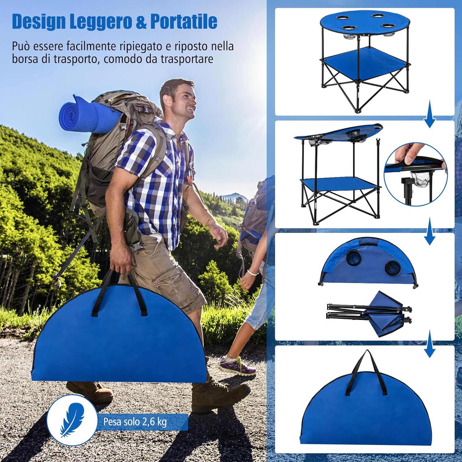 Tavolo da Campeggio Pieghevole, Tavolo da Picnic Portatile a 2 Ripiani, 4 Porta-Coppe, Tavolo Impermeabile per Spiaggia, Portata 40 kg