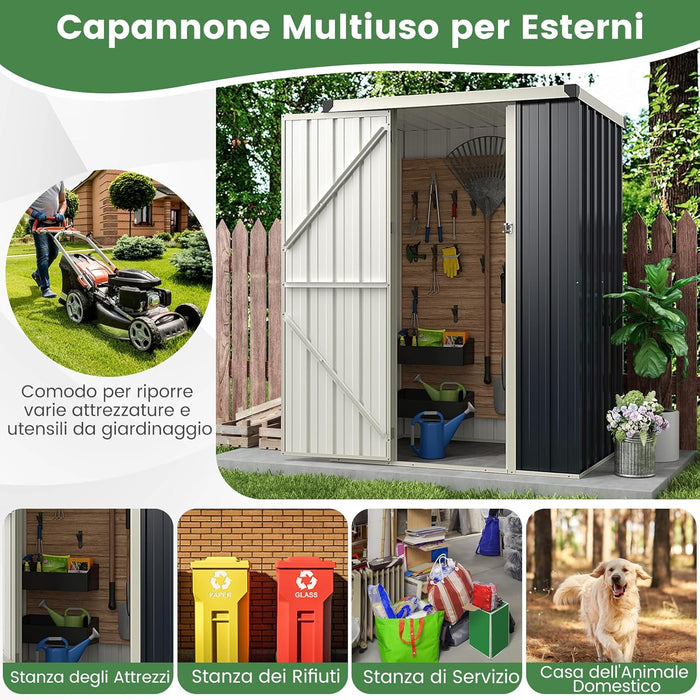 Casetta da Giardino 1 m², Capanno Attrezzi in Metallo Zincato con Porta Bloccabile e Tetto Inclinato, Struttura a Scatto Pratica, Armadio da Esterno con Kit di Viti di Espansione e Tappo
