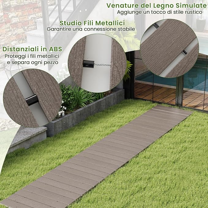 Percorso Giardino 242 cm, Passerella Dritta da Esterno con Connessione a Filo Metallico, Superficie Antiscivolo, Sentiero da Giardino Resistente alle Intemperie (242 x 55 x 1,2 cm)