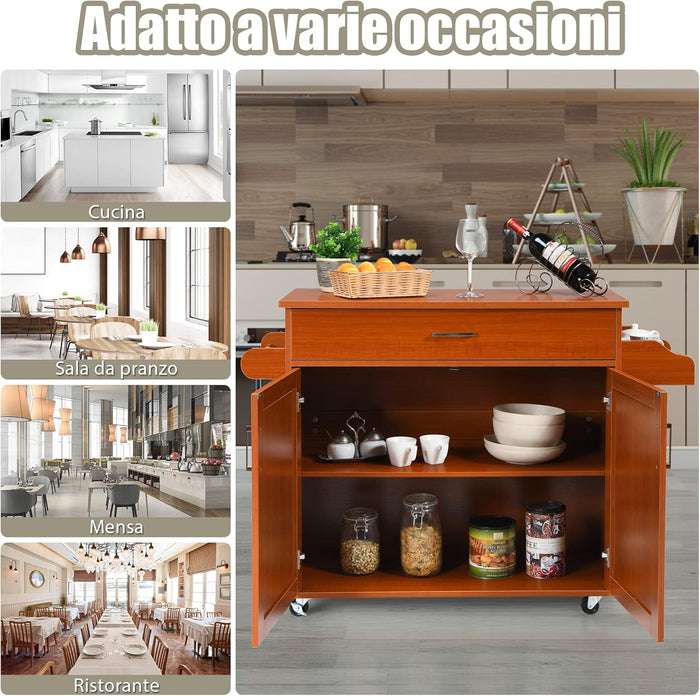 Carrello da Cucina con Ruote di Gomma, Scaffale per Microonde Carrello Servizio, Credenza Cucina Legno Moderno Elegante, 116 x 37 x 85 cm (Marrone)