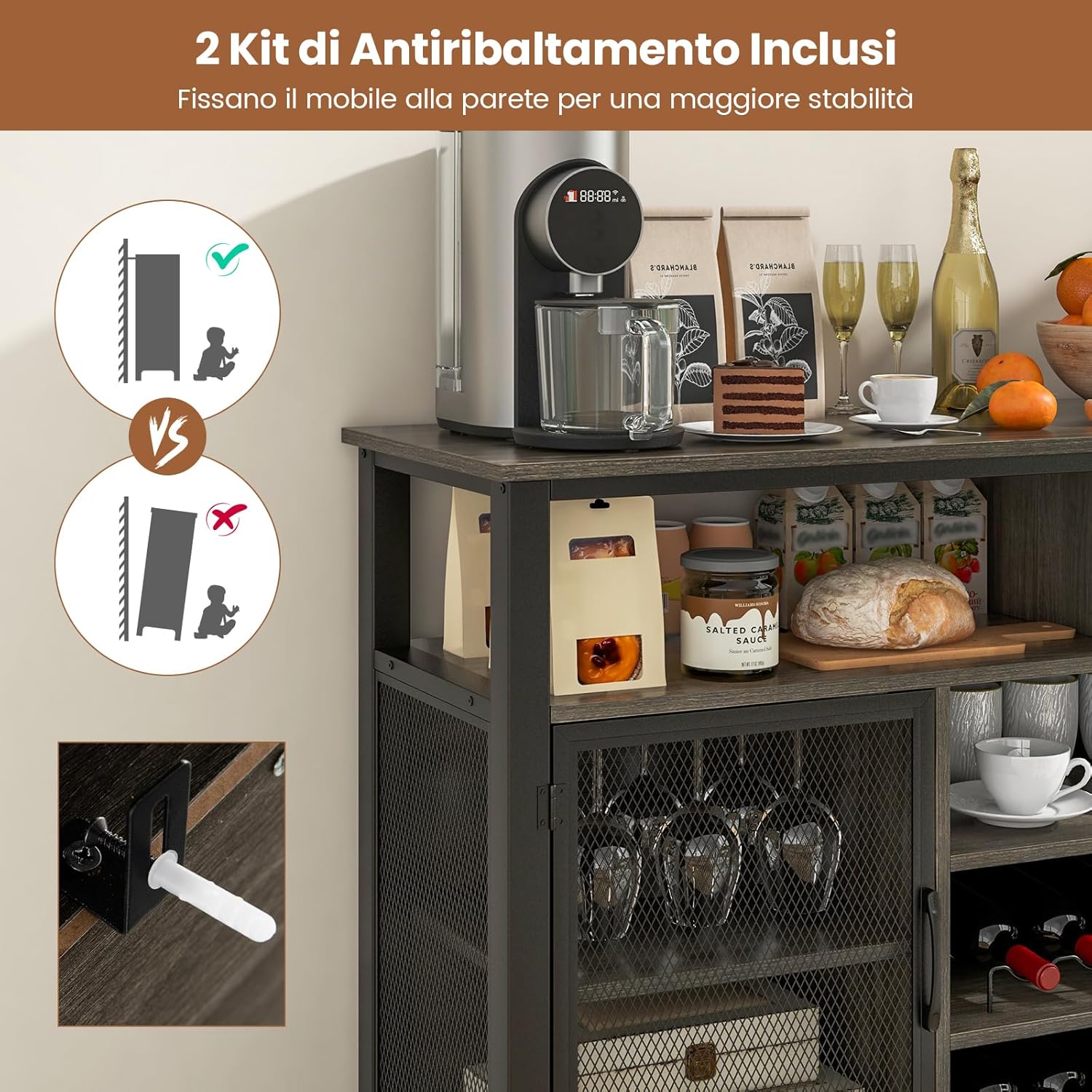 Mobiletto Portabottiglie, Credenza Cucina con Porta Bottiglie di Vino, Mensola Aperta, per Soggiorno, Cucina, Bar, 140 x 40 x 82,5 cm (Grigio)