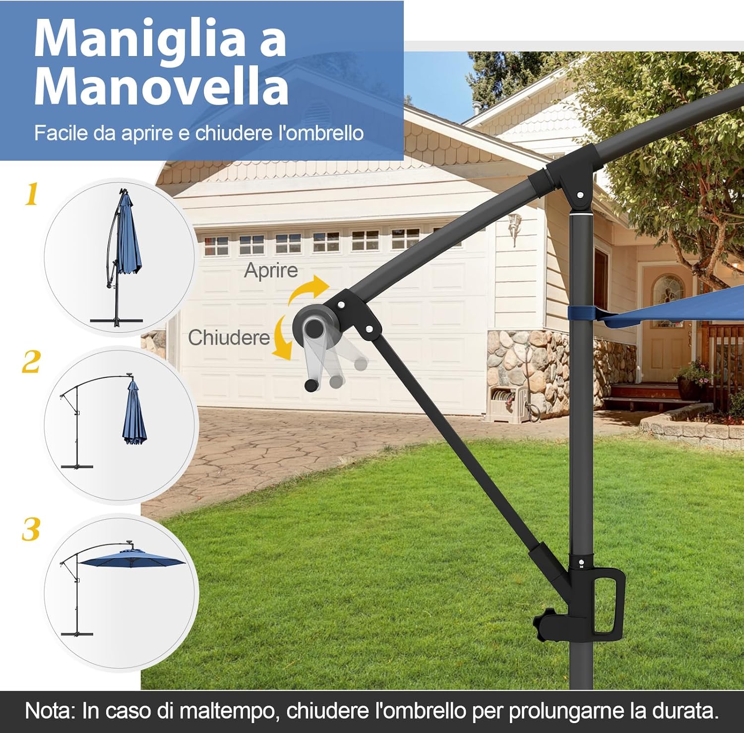 Ombrellone da Giardino ∅300 cm con 32 Luci LED, Ombrellone Prendisole con Rotazione di 360°, Inclinazione Regolabile, 8 Stecche, Manovella, per Giardino Piscina Cortile (Blu)