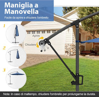 Ombrellone da Giardino ∅300 cm con 32 Luci LED, Ombrellone Prendisole con Rotazione di 360°, Inclinazione Regolabile, 8 Stecche, Manovella, per Giardino Piscina Cortile (Blu)