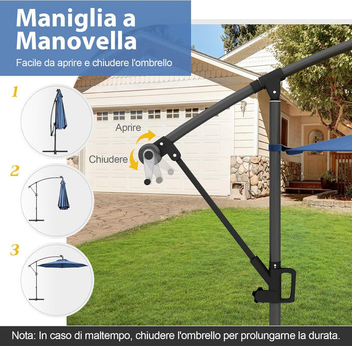 Ombrellone da Giardino ∅300 cm con 32 Luci LED, Ombrellone Prendisole con Rotazione di 360°, Inclinazione Regolabile, 8 Stecche, Manovella, per Giardino Piscina Cortile (Blu)