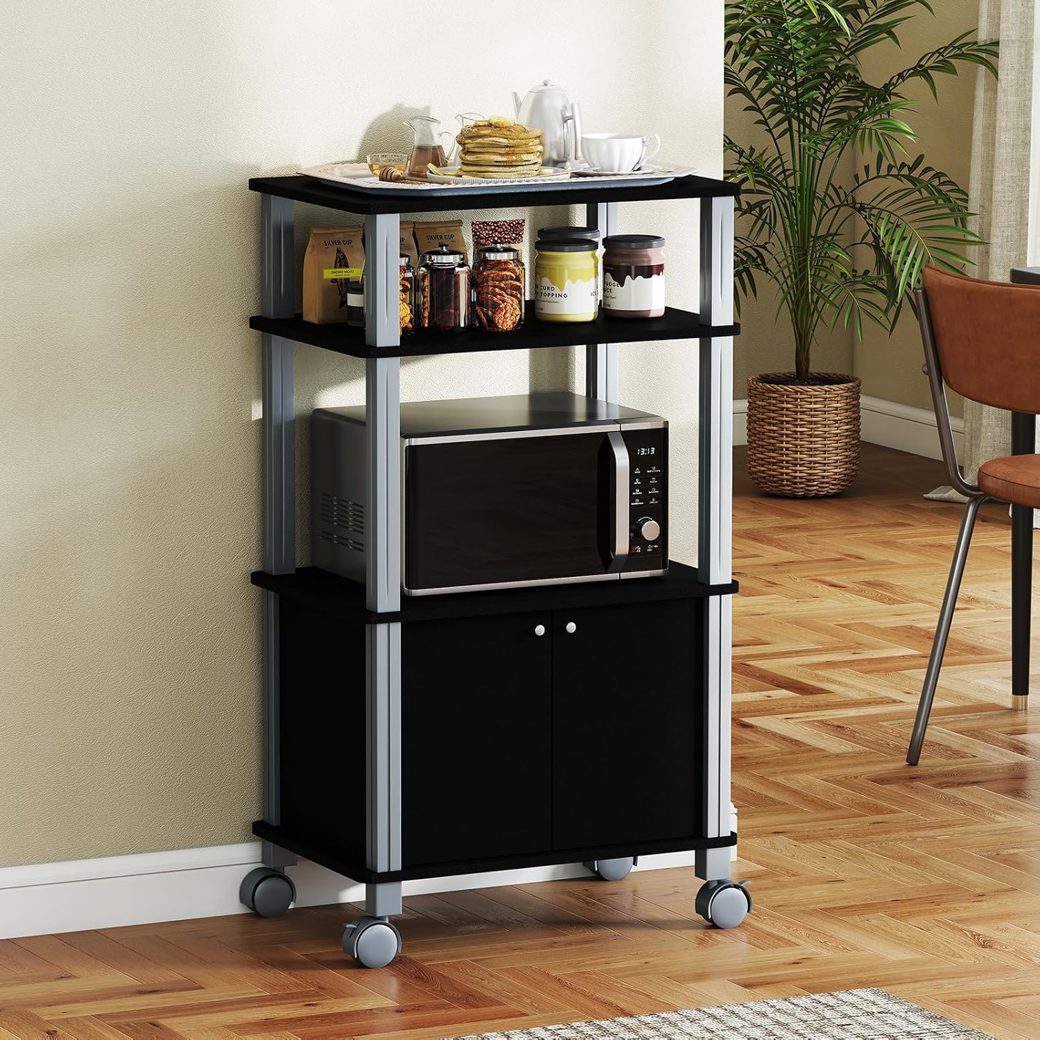 Scaffale da Cucina per Microonde Carrello, con Ruote e 2 Ante, Multifunzionale e Movimento Flessibile, 60x40x98 cm MDF, plastica (Nero)