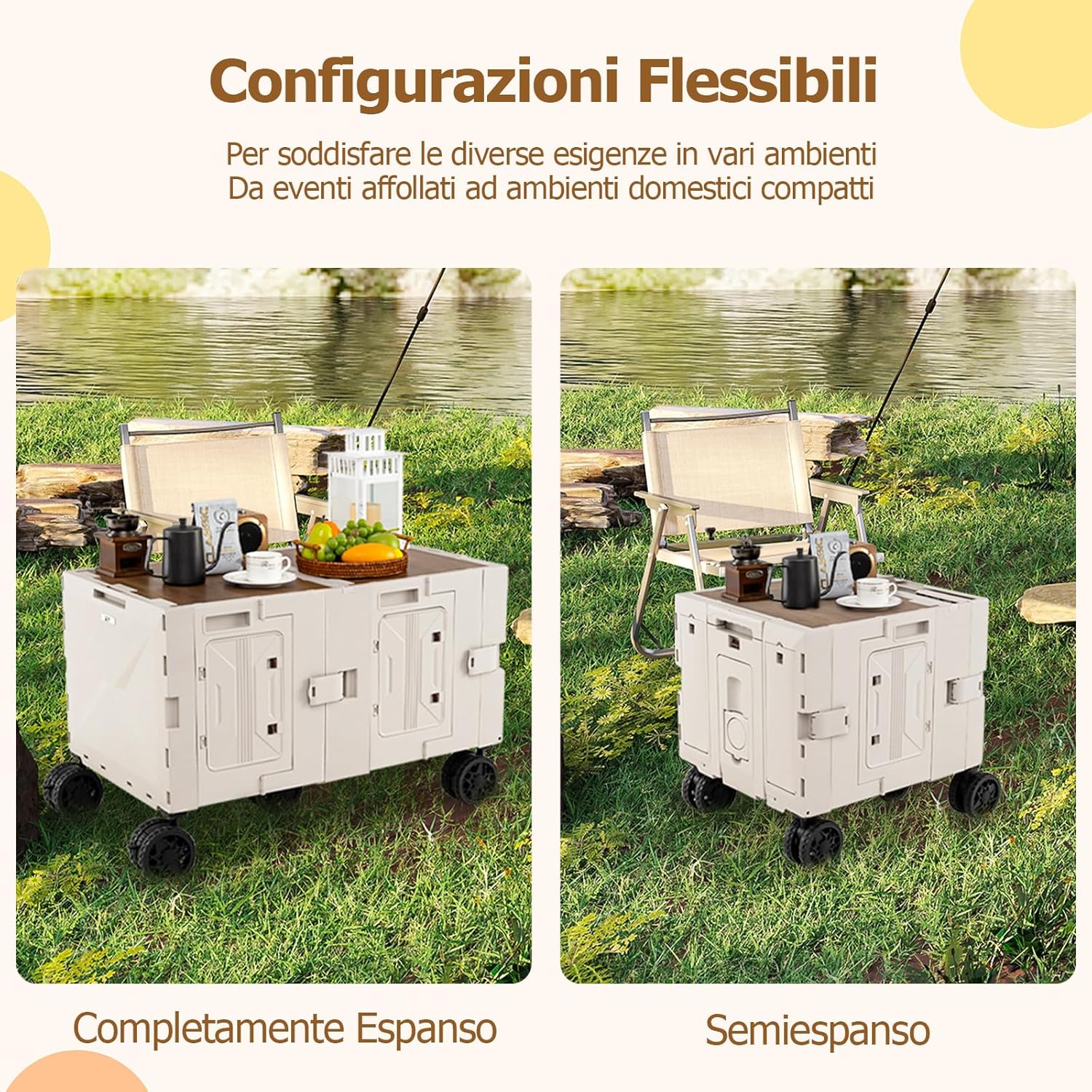 Carrello da Spiaggia Pieghevole 150 L, Carrello con Ruote Portatutto con Armadio a 2 Livelli e Manico Telescopico in Metallo, Carretto Giardino Portatile per Campeggio, Portata 120 kg (Bianco)