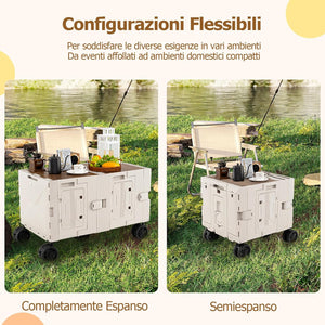 Carrello da Spiaggia Pieghevole 150 L, Carrello con Ruote Portatutto con Armadio a 2 Livelli e Manico Telescopico in Metallo, Carretto Giardino Portatile per Campeggio, Portata 120 kg (Bianco)