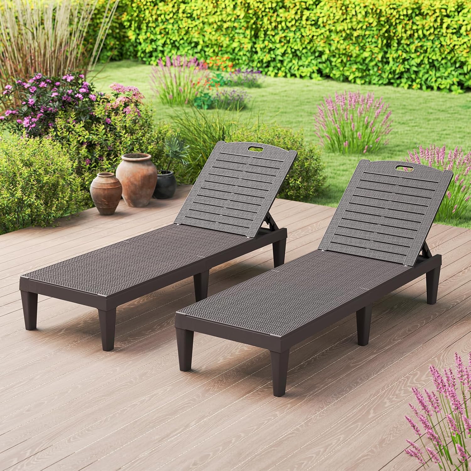 Set di 2 Sedie a Sdraio, Lettino Prendisole da Esterno in PP con Schienali Regolabili in 4 Posizioni, Sedia Reclinabile per Patio, Piscina, Terrazza, Portata 160 kg (Marrone)