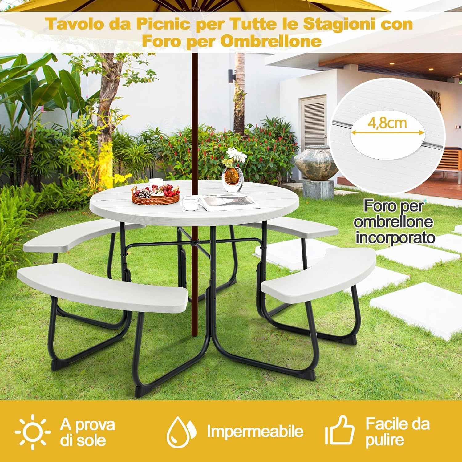 Set Tavolo da Picnic con 8 Posti, Tavolo da Picnic Rotondo con 4 Panche e Foro per Ombrellone, Tavolo da Campeggio Resistente in Metallo, per Giardino, Cortile, Patio (Bianco)