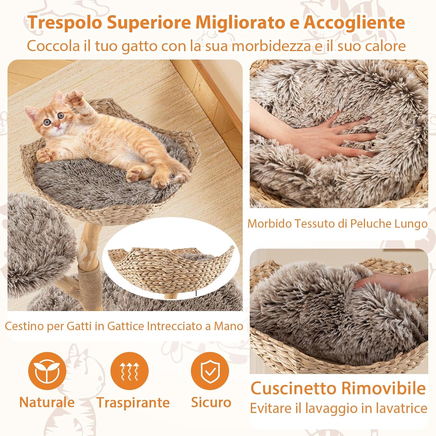 Albero per Gatti in Legno di Pero 105cm, Torre per Gatti con Tiragraffi in Sisal, Piattaforme e Pallina Pendente, Cuccia per Animali Domestici